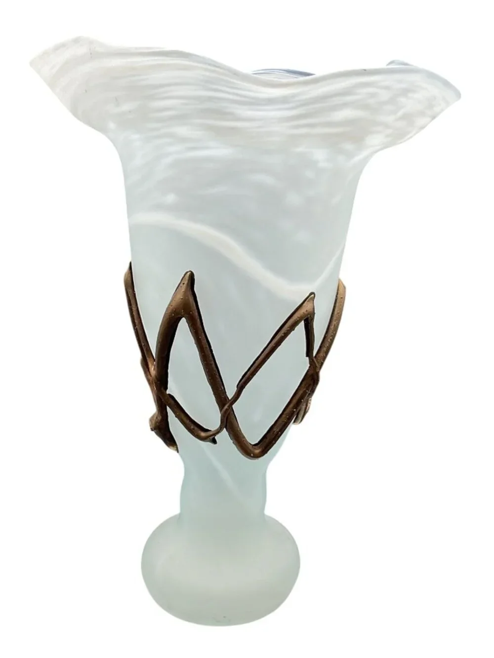 Antique Romanian Ravert Romblast Green Satin Swirl Vase Copper Wrap Accent